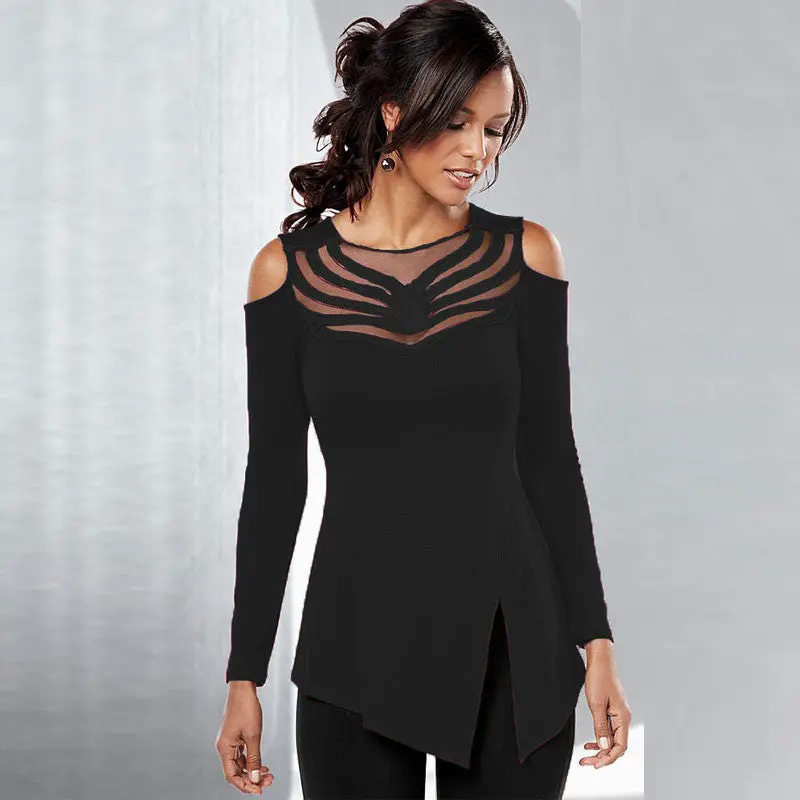 Sexy Women's Top Mesh Embroidery Patchwork Tshirts Off Shoulder Top Tees Femme Long Sleeve T Shirts For Women 8