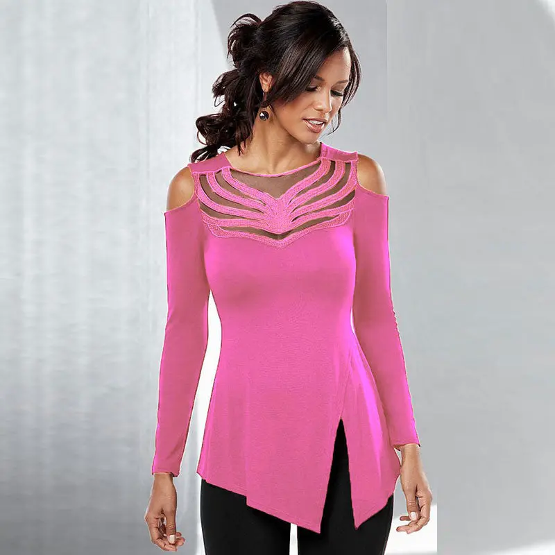 Sexy Women's Top Mesh Embroidery Patchwork Tshirts Off Shoulder Top Tees Femme Long Sleeve T Shirts For Women 9