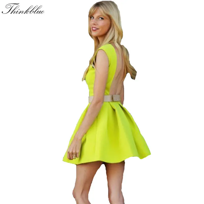 Sexy Yellow Dress Backless Solid Women Dresses Elegant Sleeveless Mini Party Dress Slim Pleated Club Dresses 2