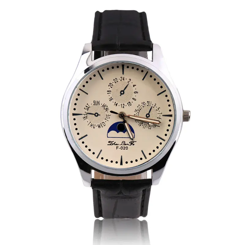 Sfake Three Eye On Dial Quartz Watch F-020 Gentle Casual Business Watch Faux Leather Strap 1