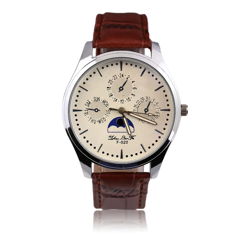 Sfake Three Eye On Dial Quartz Watch F-020 Gentle Casual Business Watch Faux Leather Strap 3