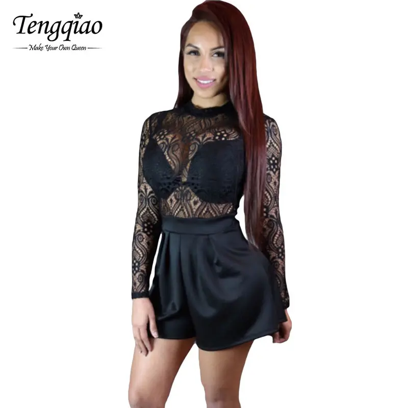 Sheer Lace Long Sleeve Jumpsuit Romper Short Sexy Black Rompers For Sexy Club Jumpsuits Overalls 1