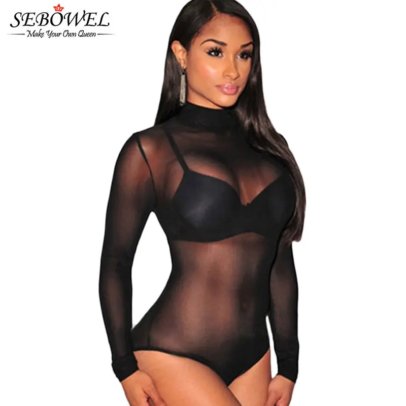 Sheer Nude Mesh Long-Sleeve Bodysuit with Thong Back and Transparent Detailing
