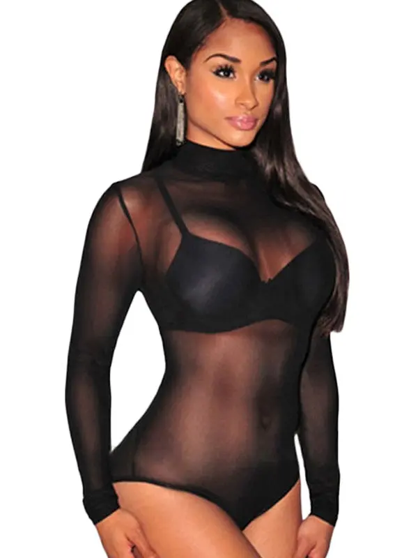 Sheer Thong Turtleneck Bodysuit Long Sleeve Sexy Mesh Bodysuit Top Bodycon Sexy Lingerie See Through Spandex Bodysuit 8
