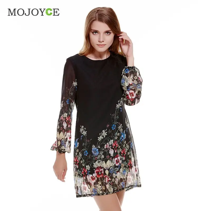 Shift Dresses Black Long Sleeve Floral Print Women Dress Vestido Chiffon Short Dress Vestido De Festa 1