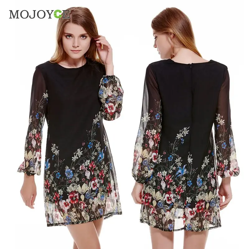 Shift Dresses Black Long Sleeve Floral Print Women Dress Vestido Chiffon Short Dress Vestido De Festa 2