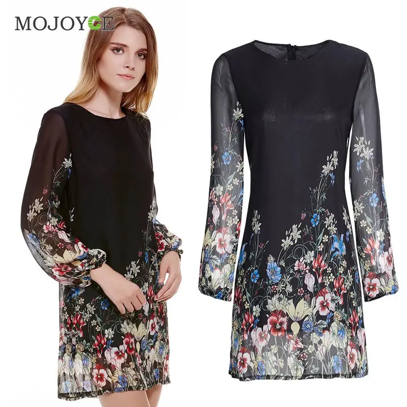 Shift Dresses Black Long Sleeve Floral Print Women Dress Vestido Chiffon Short Dress Vestido De Festa 3