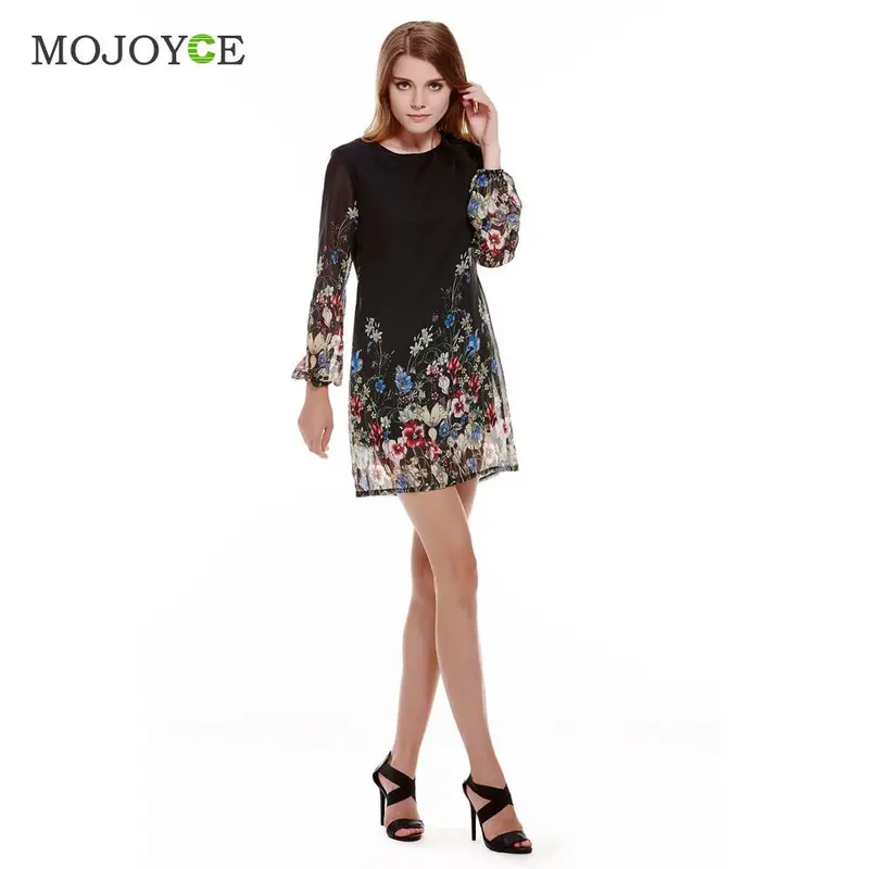 Shift Dresses Black Long Sleeve Floral Print Women Dress Vestido Chiffon Short Dress Vestido De Festa 4