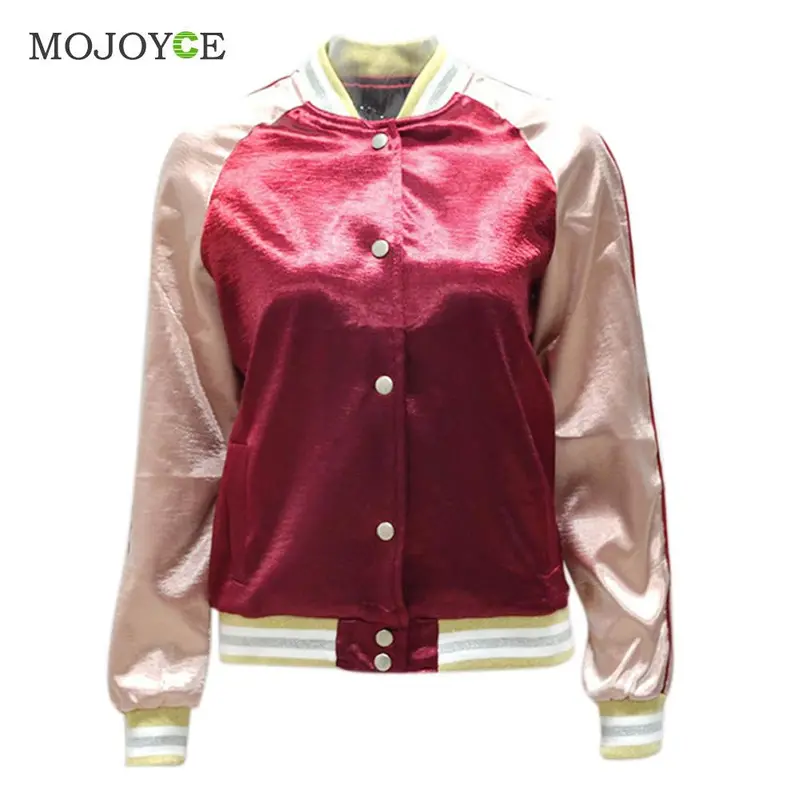 Shinny Casual Satin Women Bomber Jacket Long Sleeve Baseball Coat Outerwear Gold Burgundy Patchwork Jacket Coat 1