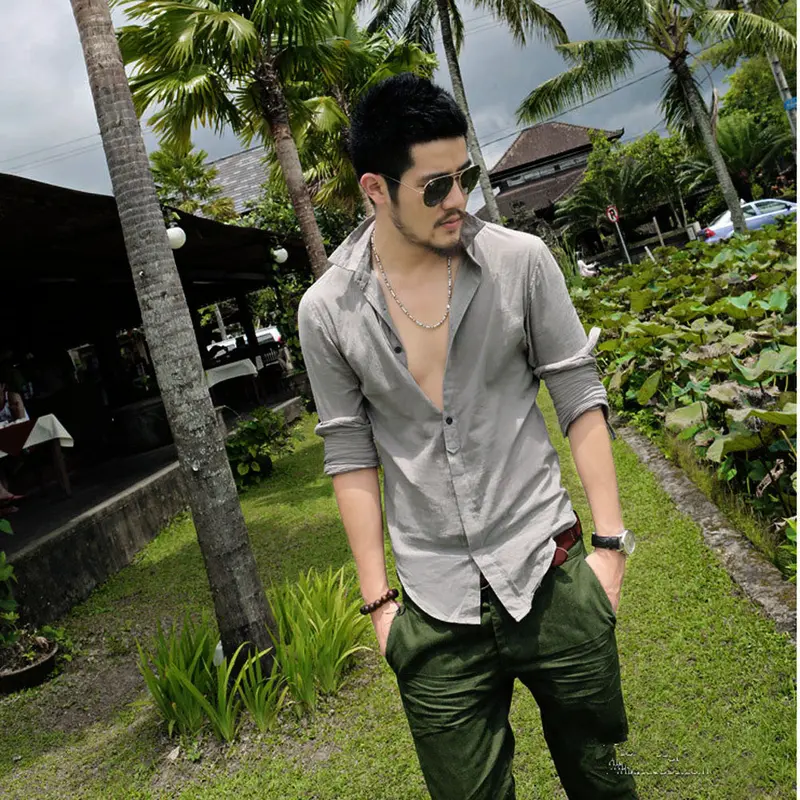Shirt -Clothing Mens Dress Casual Social Long-Sleeved Shirts Linen Feida 5