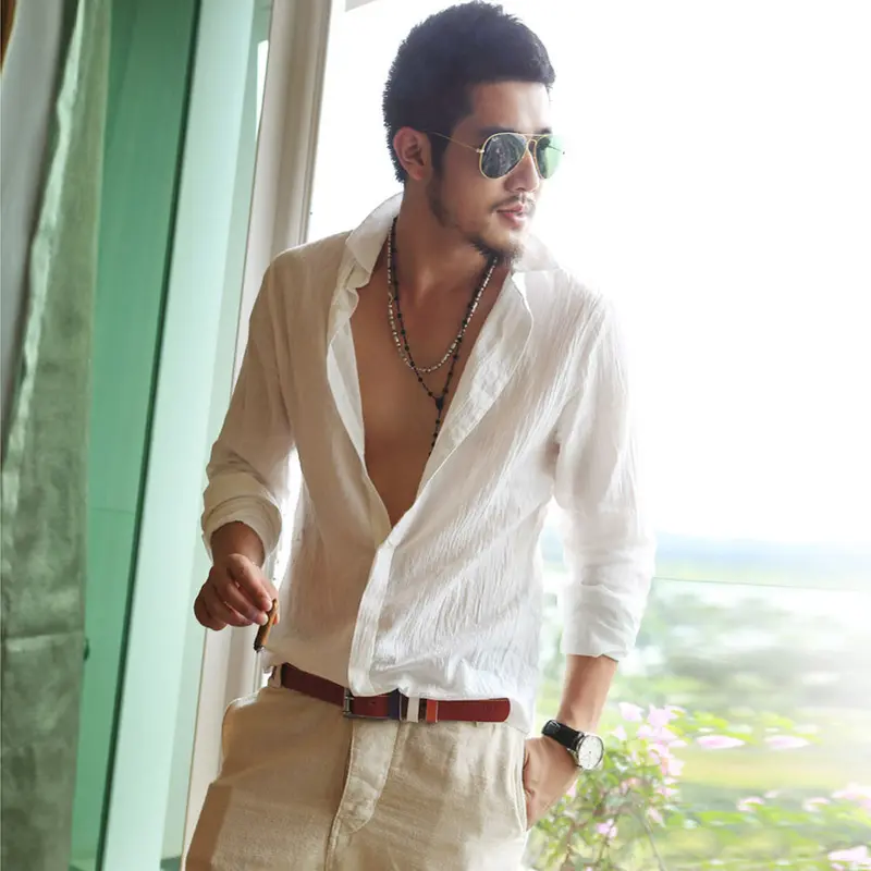 Shirt -Clothing Mens Dress Casual Social Long-Sleeved Shirts Linen Feida 6