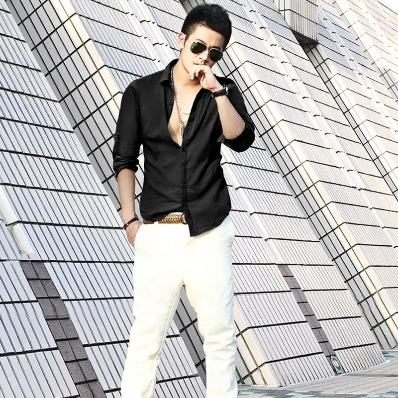 Shirt -Clothing Mens Dress Casual Social Long-Sleeved Shirts Linen Feida 7
