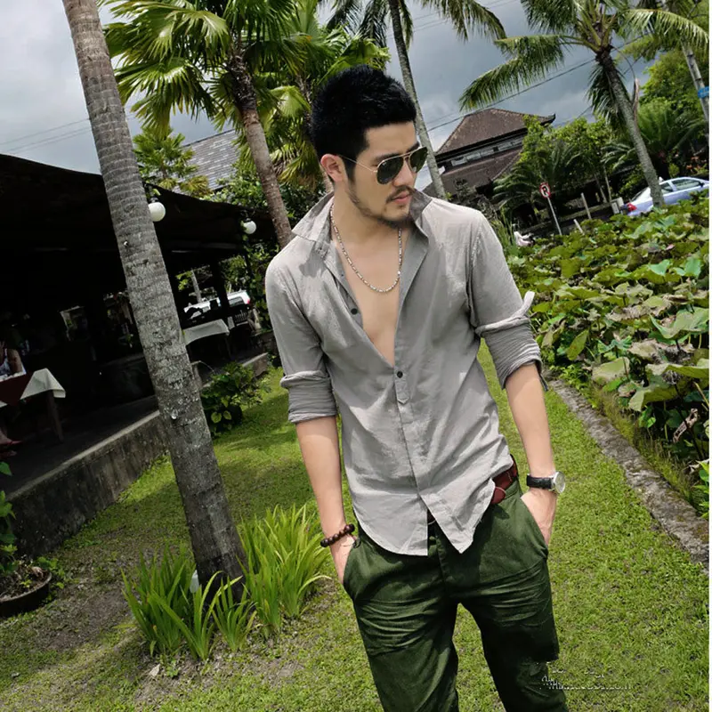 Shirt -Clothing Mens Dress Casual Social Long-Sleeved Shirts Linen Feida 8