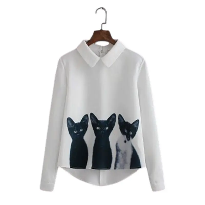 Shirt Long Sleeve Three Cats Print Collar Tops Cute White And Black Color Smxl Size 1
