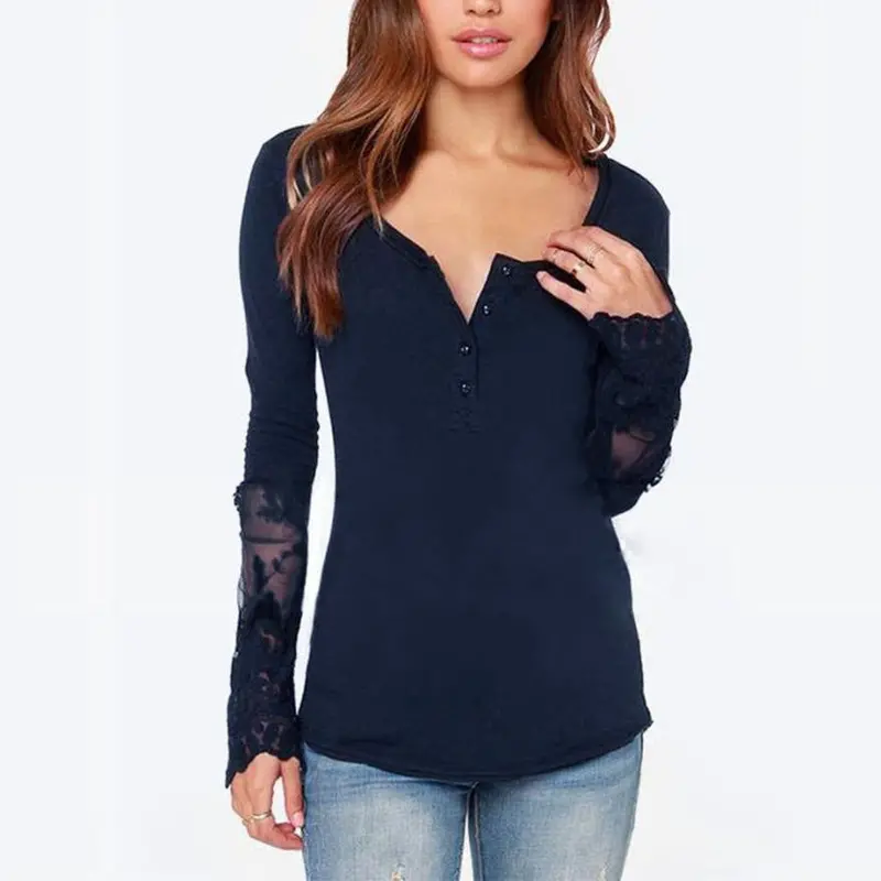Shirt Women Casual Splicing Long Sleeve Lace Loose Chiffon Tops Shirt Black And Blue Color Plus Size 3