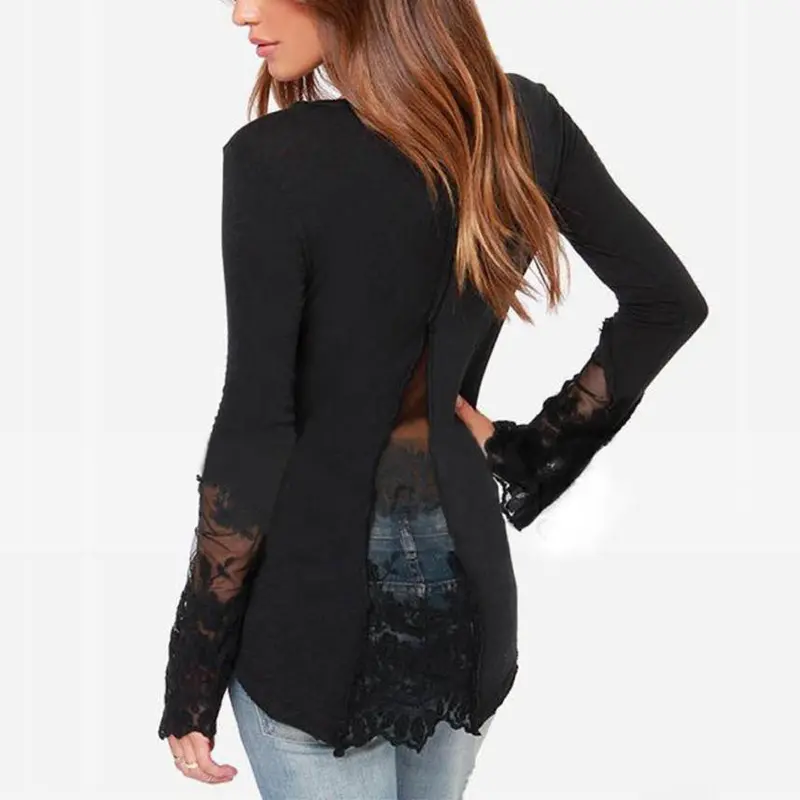 Shirt Women Casual Splicing Long Sleeve Lace Loose Chiffon Tops Shirt Black And Blue Color Plus Size 4