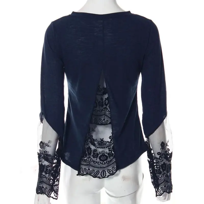 Shirt Women Casual Splicing Long Sleeve Lace Loose Chiffon Tops Shirt Black And Blue Color Plus Size 7