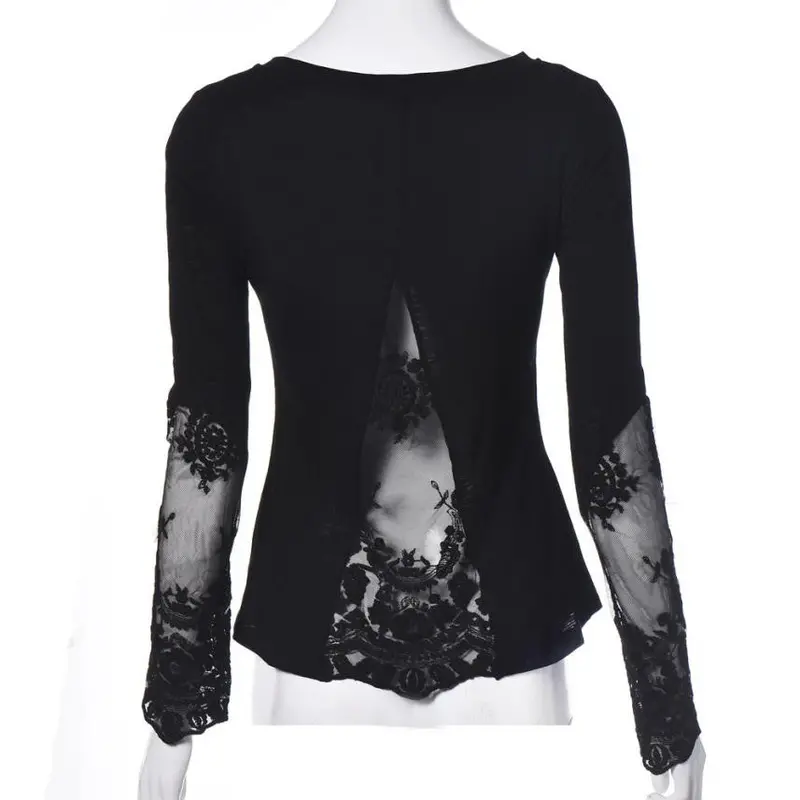 Shirt Women Casual Splicing Long Sleeve Lace Loose Chiffon Tops Shirt Black And Blue Color Plus Size 8
