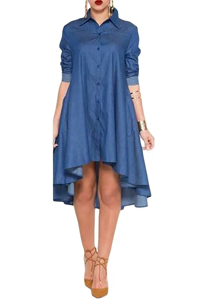 Short Front Long Back Denim Dress Jeans Casual Long Sleeve Denim Dresses Long Loose Skater Dress 1