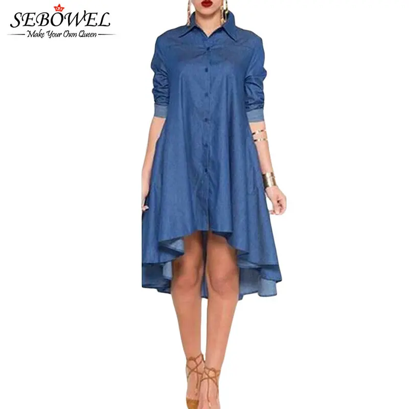 Short Front Long Back Denim Dress Jeans Casual Long Sleeve Denim Dresses Long Loose Skater Dress 2