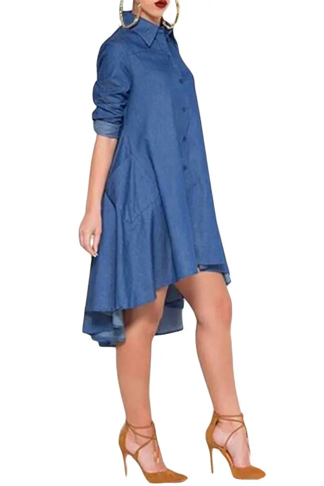 Short Front Long Back Denim Dress Jeans Casual Long Sleeve Denim Dresses Long Loose Skater Dress 3