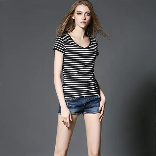 Short Sleeve Striped T Shirt Women Casual Women Tops V Neck Slim Modal Tshirt Femme Big Size T Shirts For Women 1