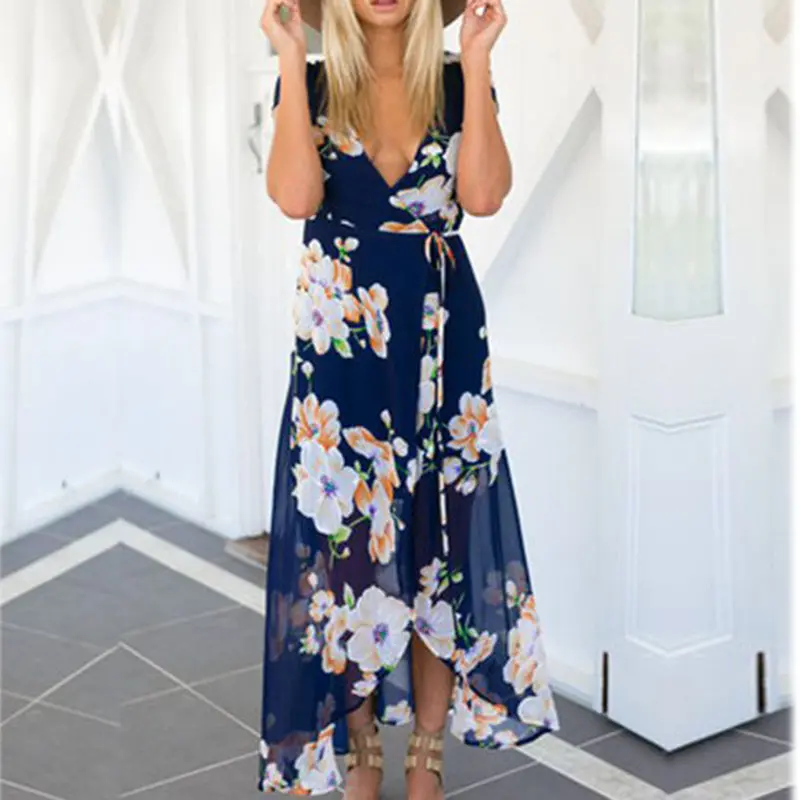 Short Sleeves V Neck Cleavage Tie Waist Rayon Long Maxi Dress 1