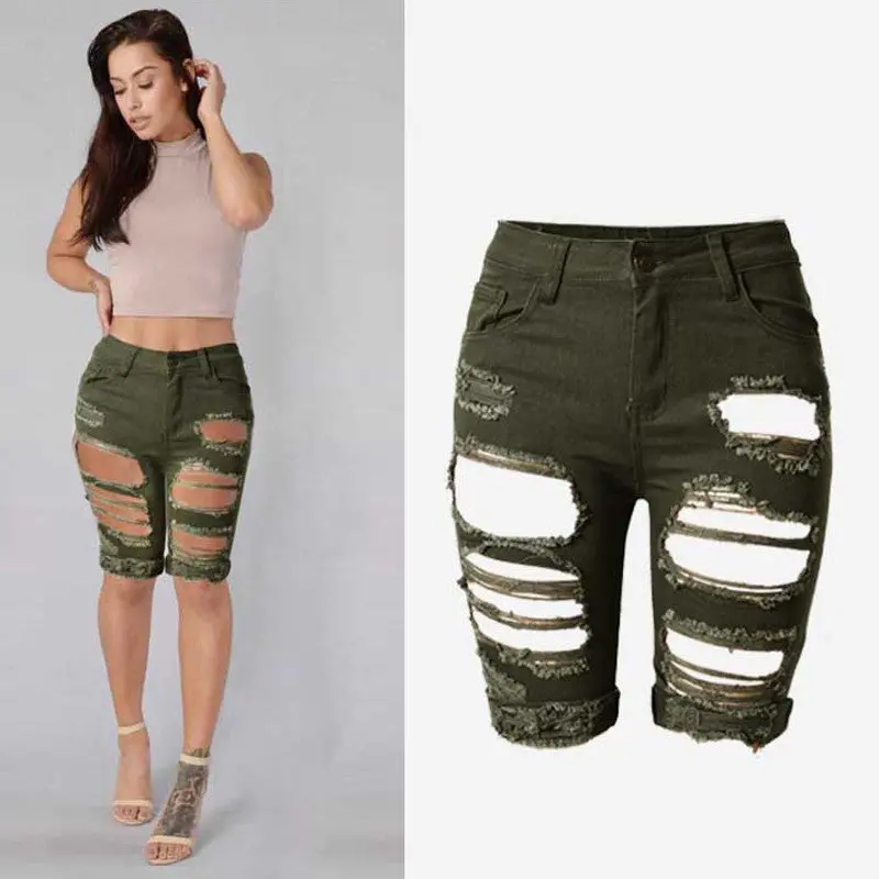 Shorts Women Personality High Waist Shorts Green Ripped Short Jeans Woman Denim Shorts Plus Size 1