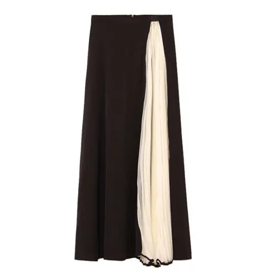Show Patchwork Organza Pleated Skirt Women Vintage Contrast Color Long Maxi Skirts Black 1
