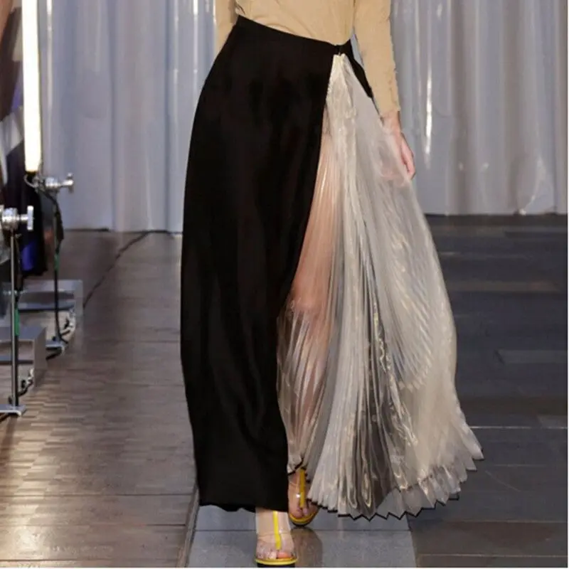 Show Patchwork Organza Pleated Skirt Women Vintage Contrast Color Long Maxi Skirts Black 2