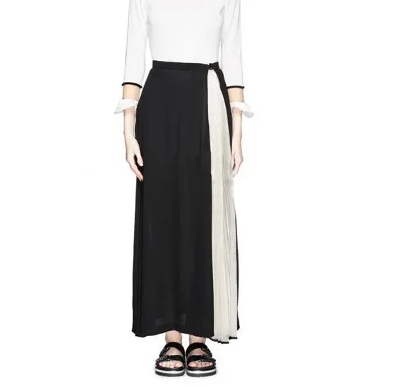 Show Patchwork Organza Pleated Skirt Women Vintage Contrast Color Long Maxi Skirts Black 3