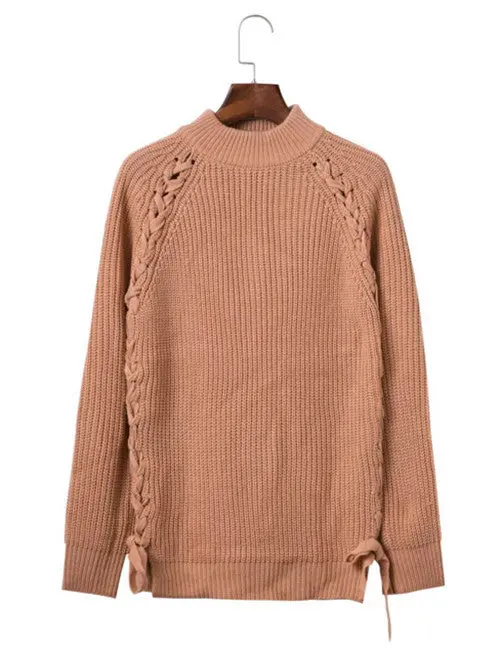 Side Lacing Up Sweater Retro Women Long Sleeve Pullover Knitwear Jumper Kleding Jerseis Mujer Femme 1