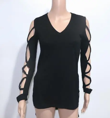 Side Split Irregular Tee Shirt Femme Hollow Long Sleeve T Shirt Women Sexy Tops V Neck T Shirts Casual Tops Tee 1
