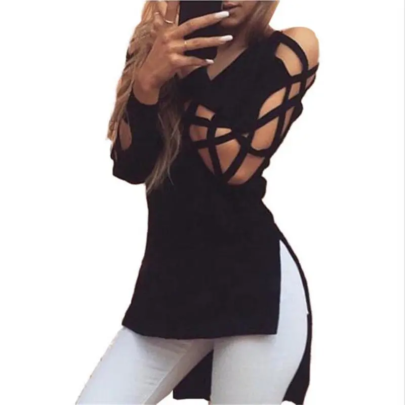 Side Split Irregular Tee Shirt Femme Hollow Long Sleeve T Shirt Women Sexy Tops V Neck T Shirts Casual Tops Tee 4
