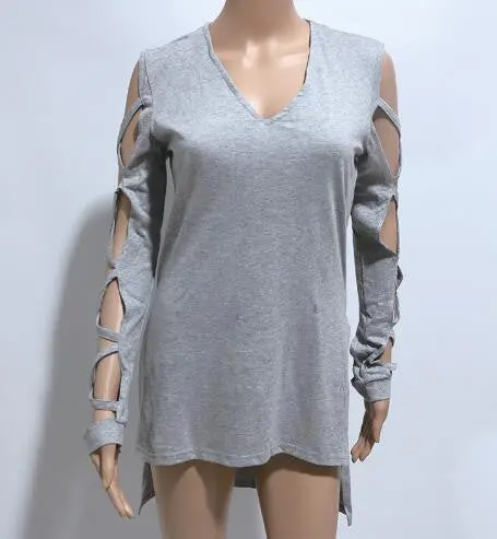Side Split Irregular Tee Shirt Femme Hollow Long Sleeve T Shirt Women Sexy Tops V Neck T Shirts Casual Tops Tee 6