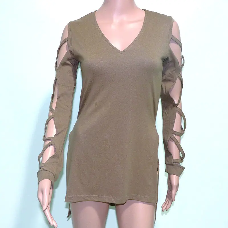 Side Split Irregular Tee Shirt Femme Hollow Long Sleeve T Shirt Women Sexy Tops V Neck T Shirts Casual Tops Tee 7