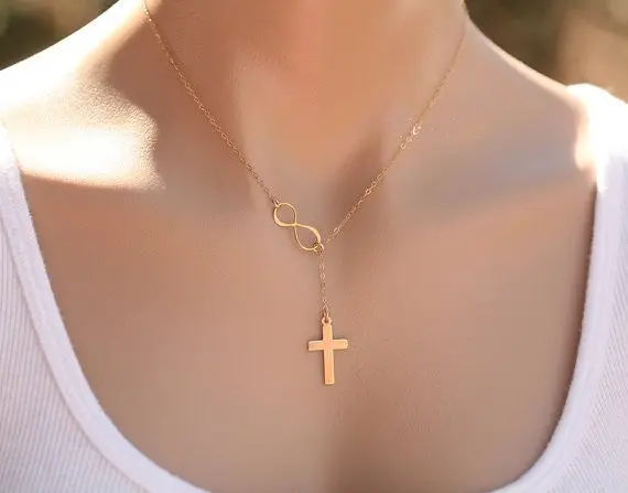 Sideways Cross And Infinity Pendant Necklace Karma Necklace Lariat Y Style Chain Necklace Gifts N109 1