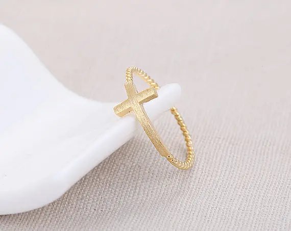 Sideways Cross Ring With Twisted Ringband Gold Religious Cross Ring Midi Rings Religious 2