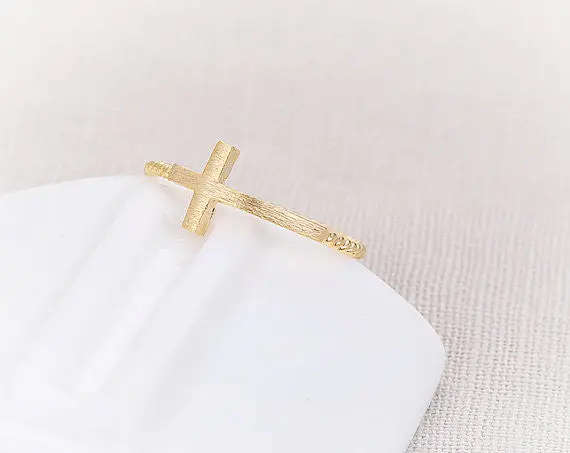 Sideways Cross Ring With Twisted Ringband Gold Religious Cross Ring Midi Rings Religious 3