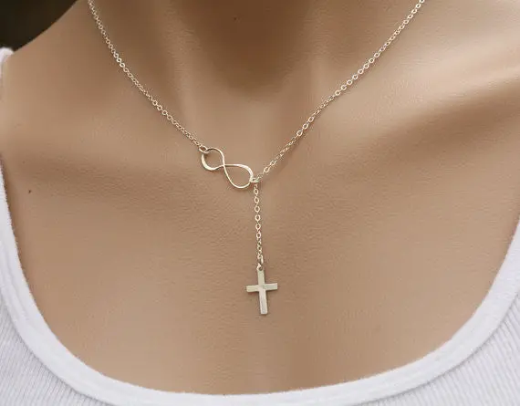 Sideways Infinity And Cross Necklace Karma Necklaces Lariat Y Necklace 10Pcs-N109 1