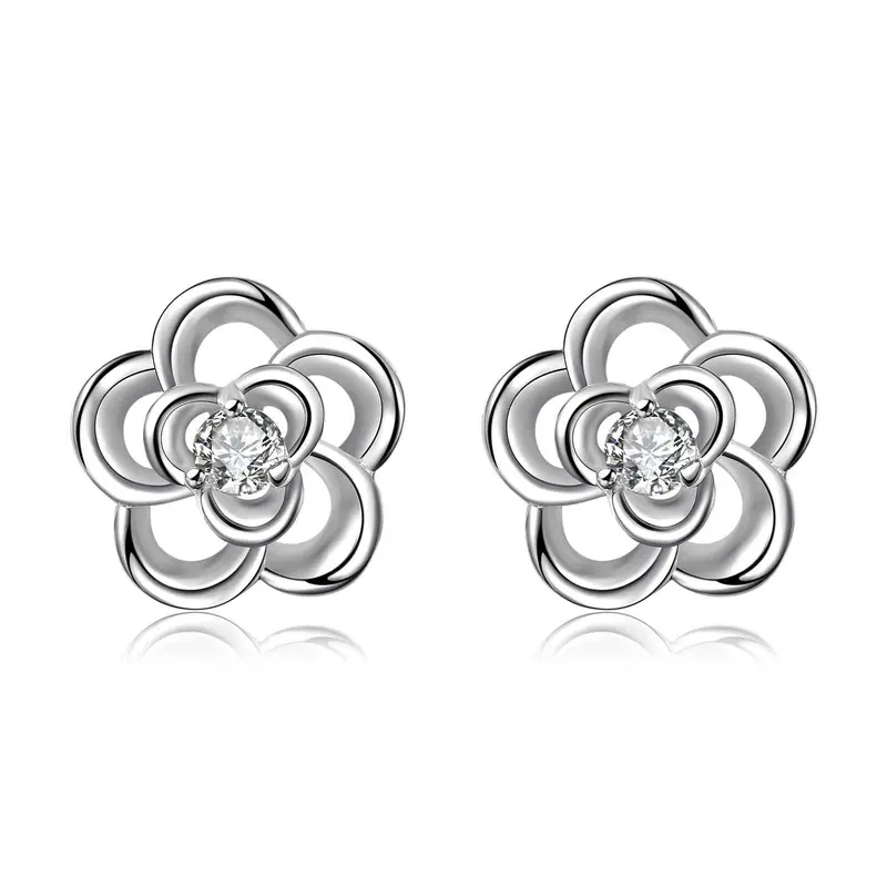 Silver 925 Earings Hollow Double Flower Stud Brinco Jewelry 1