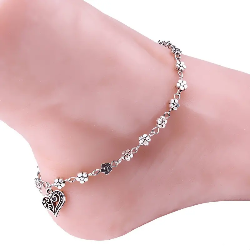 Silver Bead Chain Flower Pattern Charm Bead Anklets For Women Ankle Bracelet Chain Crystal Foot Jewelry 1