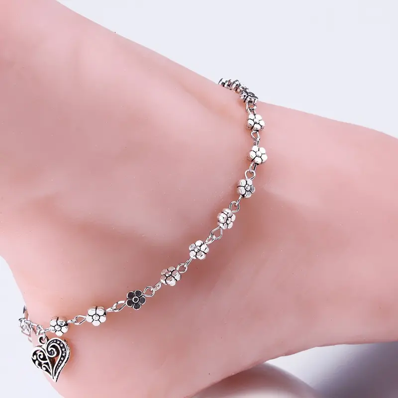Silver Bead Chain Flower Pattern Charm Bead Anklets For Women Ankle Bracelet Chain Crystal Foot Jewelry 2