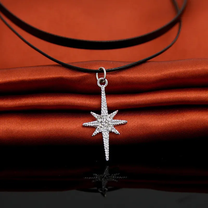 Silver Choker Necklace Jewelry Black Rope Crystal Star Charm Collar Necklace Psxl037 1