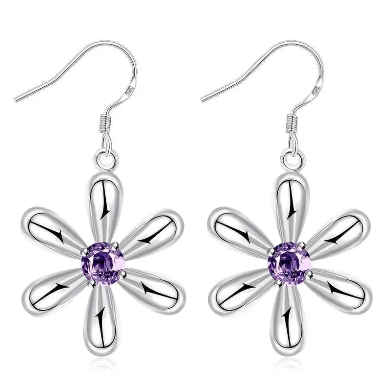 Silver Clip On Earrings Six-Leaf Flower Drop Kupe Elegant 1