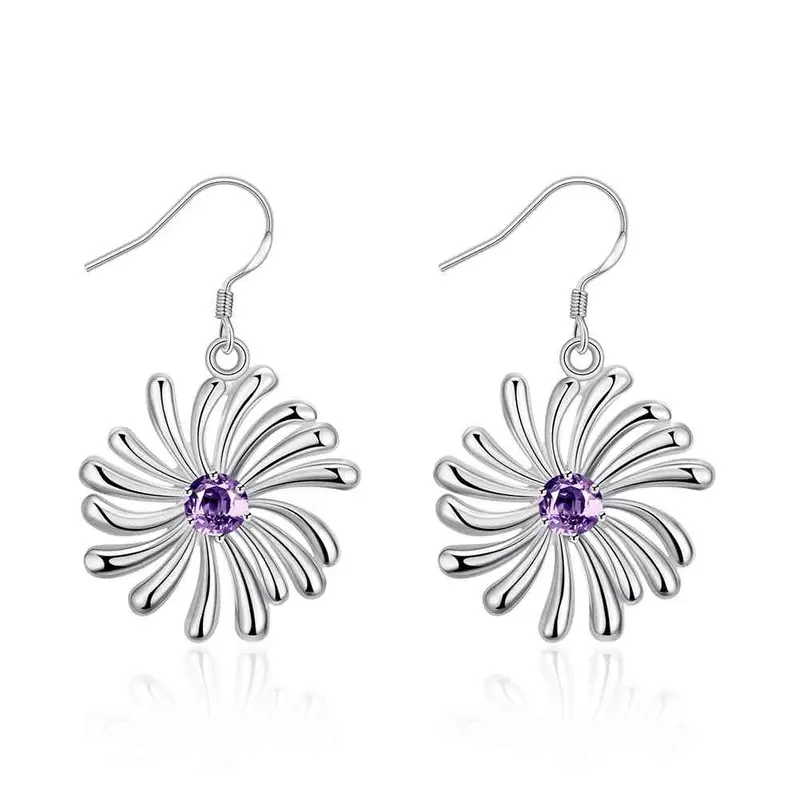 Silver Clip On Earrings Six-Leaf Flower Drop Kupe Elegant 3