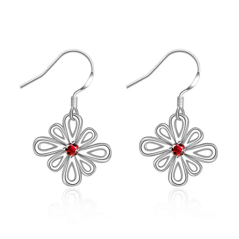 Silver Clip On Earrings Six-Leaf Flower Drop Kupe Elegant 4