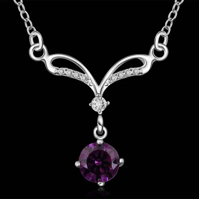 Silver Collar Necklace Purple Gem Collares Love 529 2