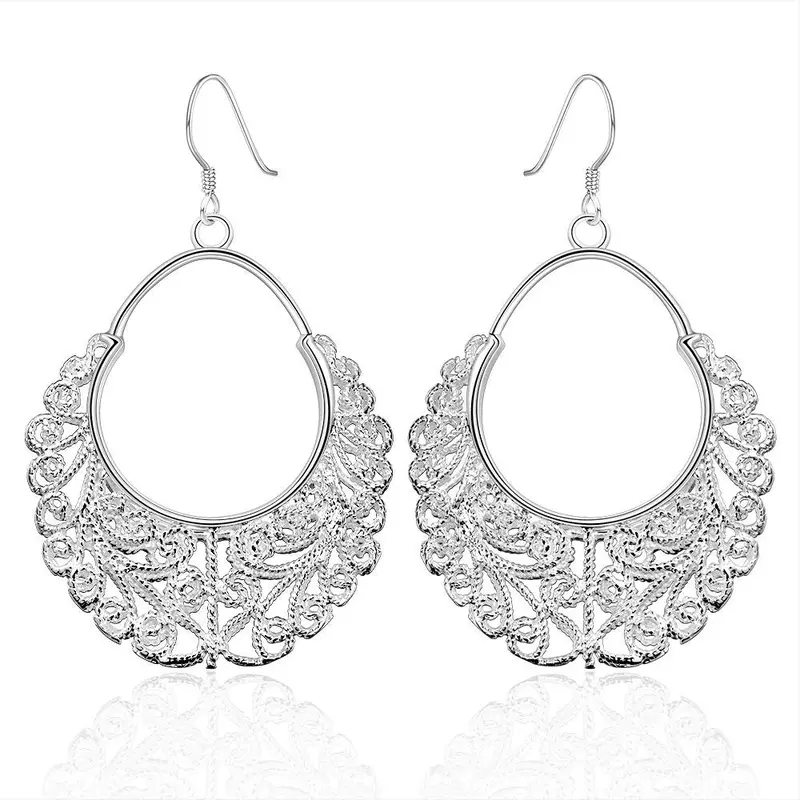 Silver Earings Jewelry Hollow Weave Flower Drop Cufflinks Jewelry European Style 382 1