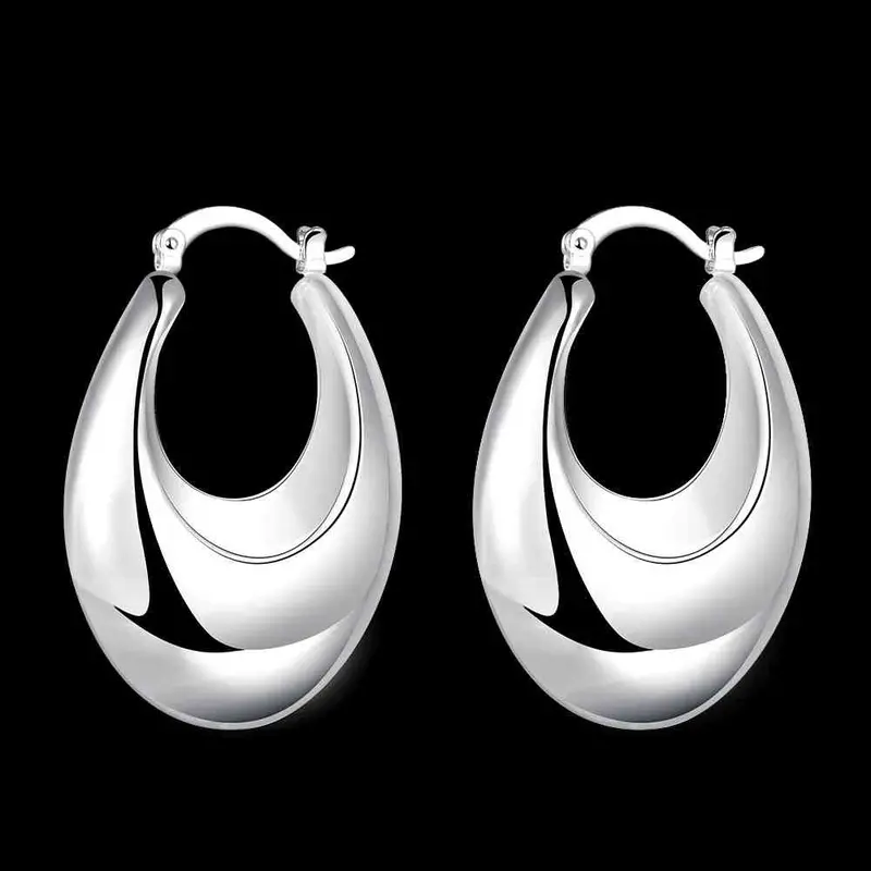 Silver Earrings Oval Clip Cuff Bijoux Femme 711 2